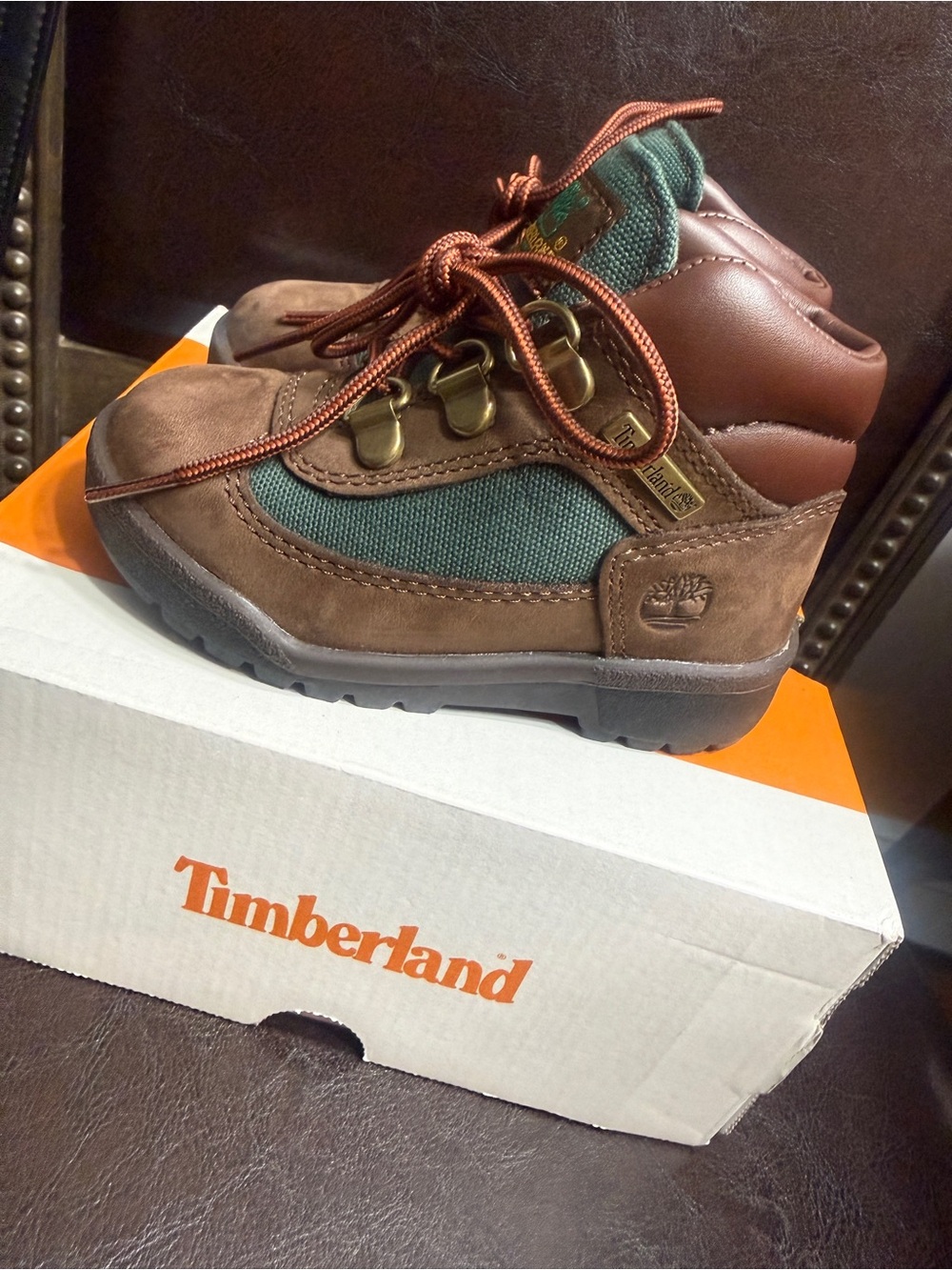 Timberland Kids Brown and Green Leather Trail Boots